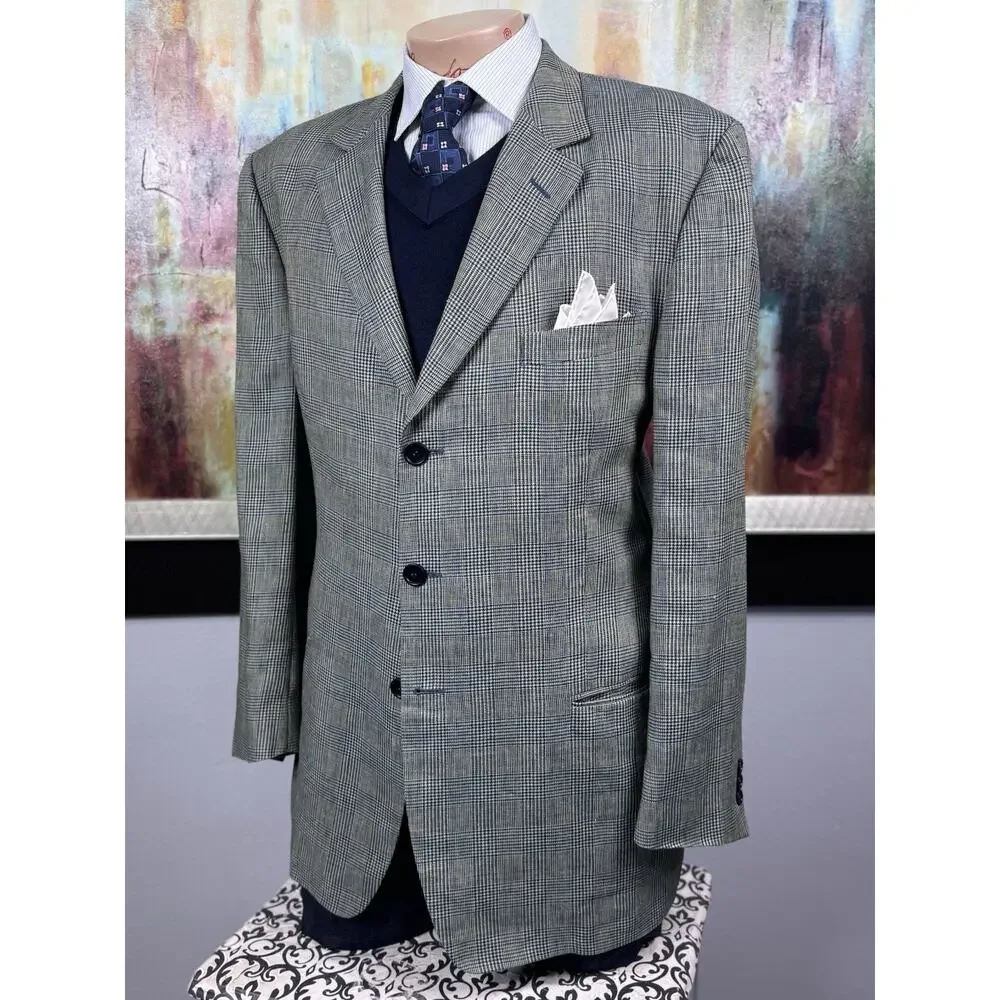 Ermenegildo Zegna Soft Blue Tan Glen Plaid Linen Wool Mohair Sport Coat 46R 56IT